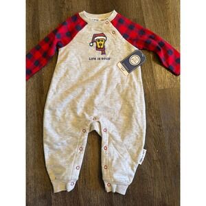 Life Is Good Baby Romper 6/9M Holiday Dog Buffalo Plaid Raglan One Piece New